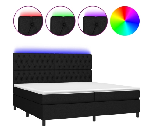 Cama box spring colchón y luces LED tela negro 200x200 cm