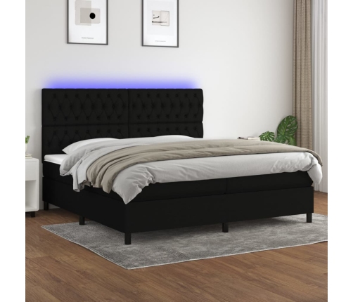 Cama box spring colchón y luces LED tela negro 200x200 cm