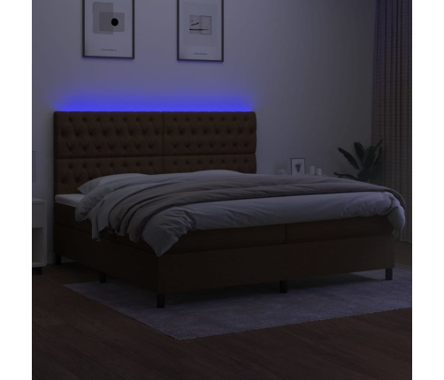 Cama box spring colchón luces LED tela marrón oscuro 200x200 cm