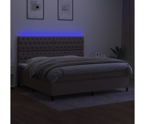 Cama box spring colchón y luces LED tela gris taupe 200x200 cm