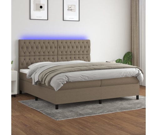 Cama box spring colchón y luces LED tela gris taupe 200x200 cm