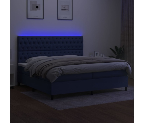 Cama box spring colchón y luces LED tela azul 200x200 cm