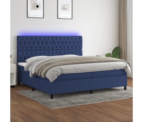 Cama box spring colchón y luces LED tela azul 200x200 cm