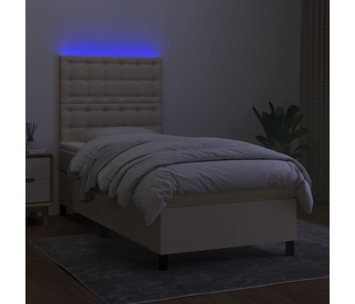 Cama box spring colchón y luces LED tela crema 80x200 cm