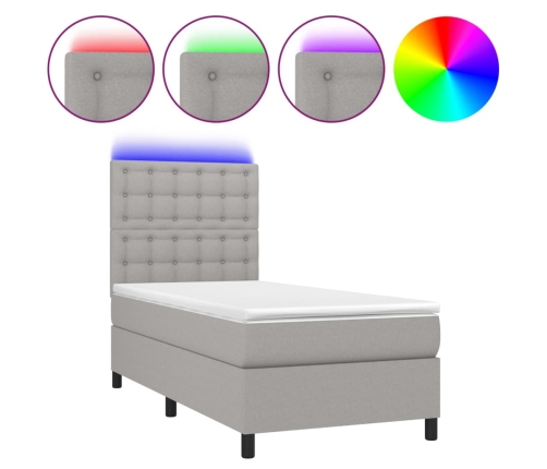 Cama box spring colchón y luces LED tela gris claro 90x190 cm