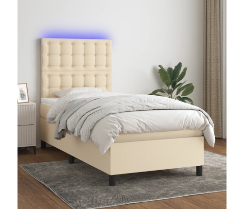 Cama box spring colchón y luces LED tela color crema 90x190 cm