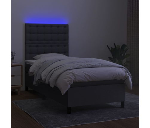 Cama box spring colchón y luces LED tela gris oscuro 90x200 cm