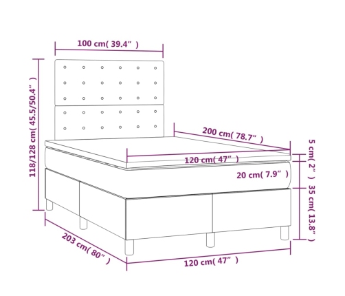 Cama box spring con colchón tela y LED gris claro 120x200 cm