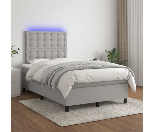 Cama box spring con colchón tela y LED gris claro 120x200 cm