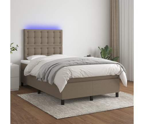 Cama box spring con colchón y LED tela gris taupe 120x200 cm