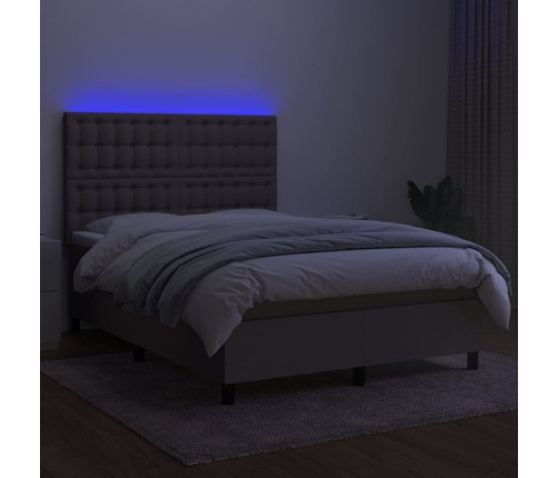 Cama box spring colchón y luces LED tela gris taupe 140x190 cm