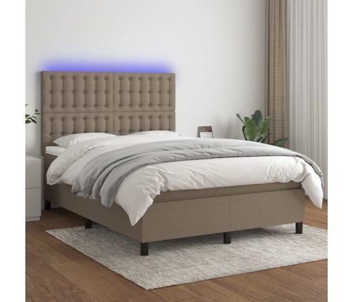 Cama box spring colchón y luces LED tela gris taupe 140x190 cm