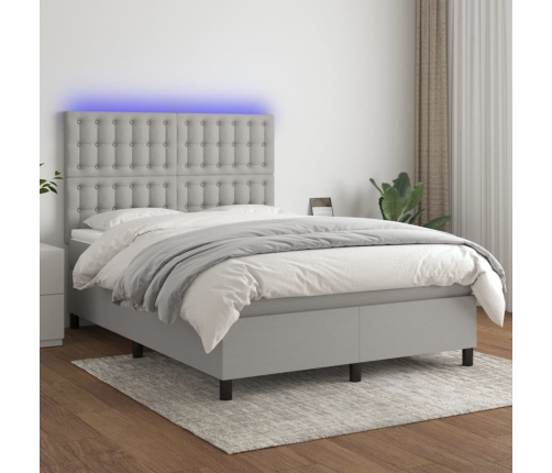 Cama box spring colchón y luces LED tela gris claro 140x200 cm