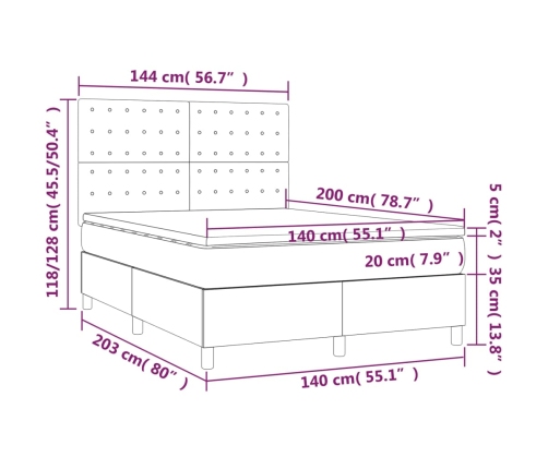 Cama box spring colchón y luces LED tela gris taupe 140x200 cm