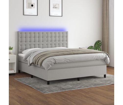 Cama box spring colchón y luces LED tela gris claro 160x200 cm