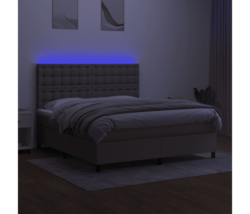 Cama box spring colchón y luces LED tela gris taupe 160x200 cm