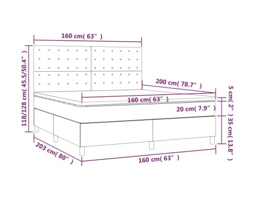 Cama box spring colchón y luces LED tela gris taupe 160x200 cm