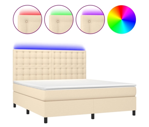 Cama box spring colchón y luces LED tela crema 180x200 cm