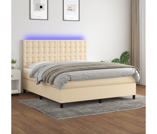 Cama box spring colchón y luces LED tela crema 180x200 cm