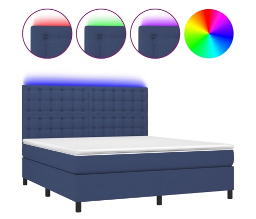 vidaXL Cama box spring colchón y luces LED tela azul 180x200 cm