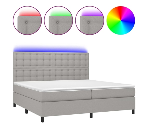 Cama box spring con colchón tela y LED gris claro 200x200 cm