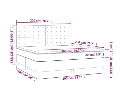 Cama box spring con colchón tela y LED gris claro 200x200 cm