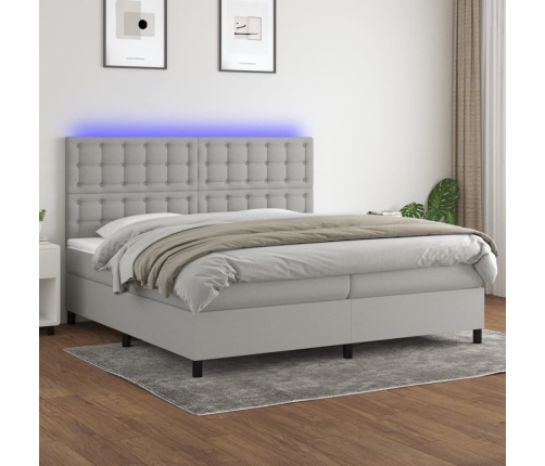 Cama box spring con colchón tela y LED gris claro 200x200 cm