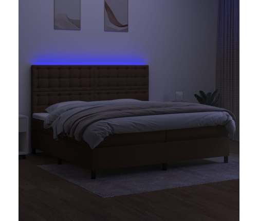 Cama box spring colchón luces LED tela marrón oscuro 200x200 cm