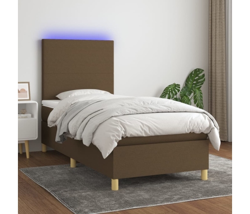 Cama box spring colchón y luces LED tela marrón oscuro 80x200cm