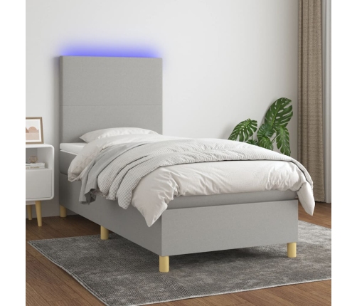 Cama box spring colchón y luces LED tela gris claro 90x190 cm