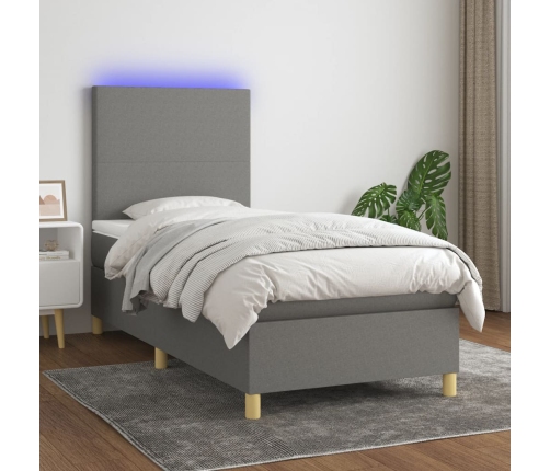 Cama box spring colchón y luces LED tela gris oscuro 90x190 cm