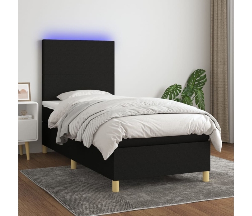 Cama box spring colchón y luces LED tela negro 90x190 cm