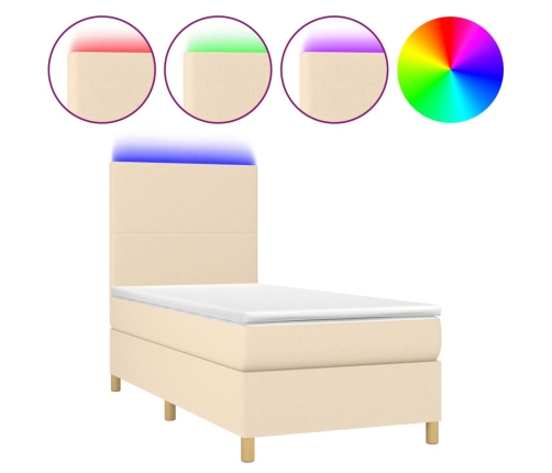 Cama box spring colchón y luces LED tela color crema 90x190 cm