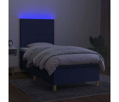 Cama box spring colchón y luces LED tela azul 90x190 cm