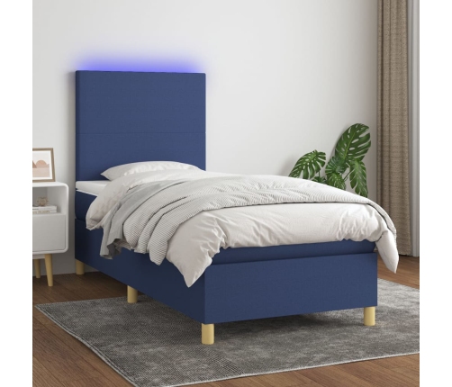 Cama box spring colchón y luces LED tela azul 90x190 cm