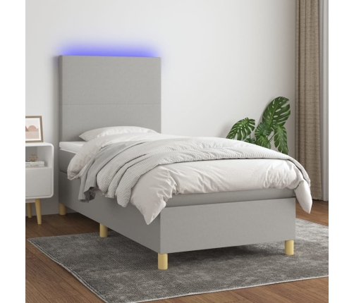 Cama box spring colchón y luces LED tela gris claro 100x200 cm