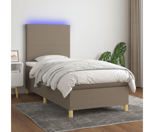 Cama box spring colchón y luces LED tela gris taupe 100x200 cm