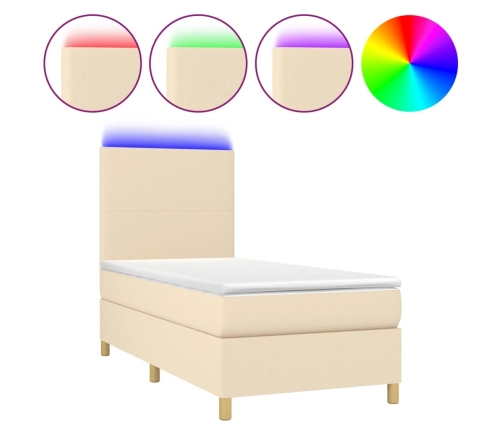 Cama box spring colchón y luces LED tela crema 100x200 cm