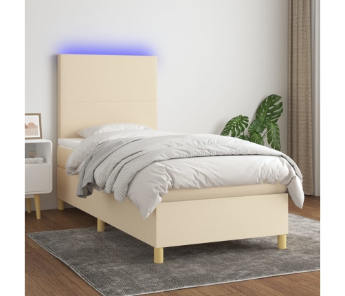 Cama box spring colchón y luces LED tela crema 100x200 cm