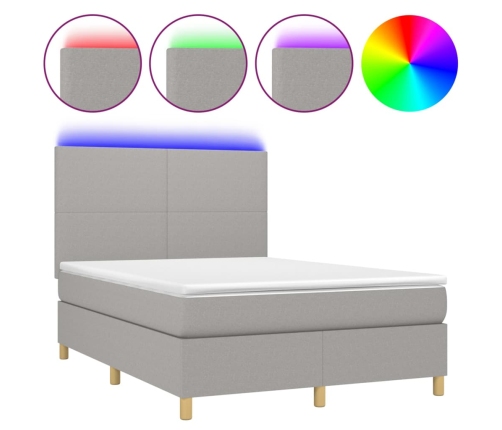 Cama box spring colchón y luces LED tela gris claro 140x190 cm