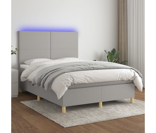 Cama box spring colchón y luces LED tela gris claro 140x190 cm