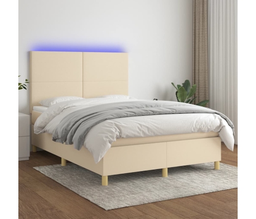 Cama box spring colchón y luces LED tela crema 140x190 cm