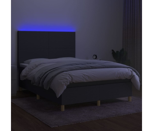 Cama box spring colchón y luces LED tela gris oscuro 140x200 cm