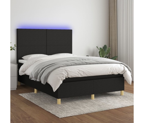 Cama box spring colchón y luces LED tela negro 140x200 cm