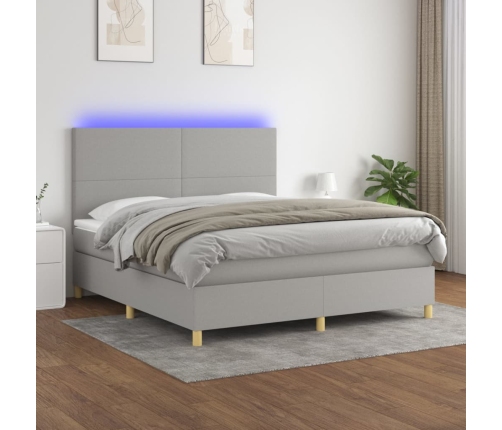 Cama box spring colchón y luces LED tela gris claro 160x200 cm