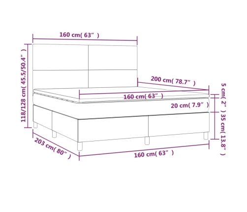 Cama box spring colchón luces LED tela marrón oscuro 160x200cm