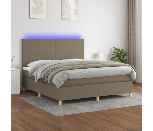 Cama box spring colchón y luces LED tela gris taupe 160x200 cm