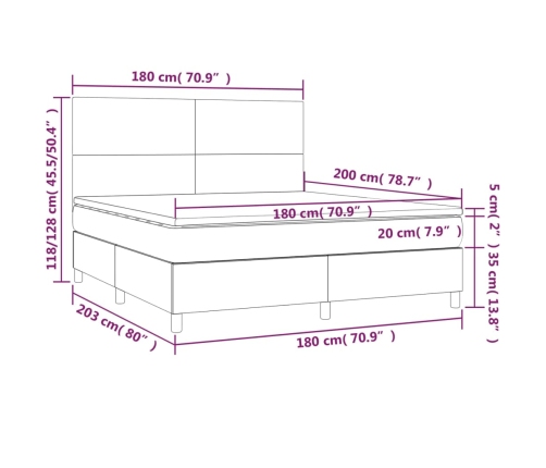 Cama box spring colchón luces LED tela marrón oscuro 180x200cm