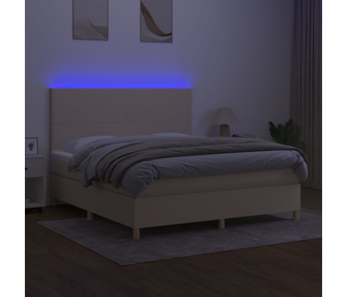 Cama box spring colchón y luces LED tela crema 180x200 cm