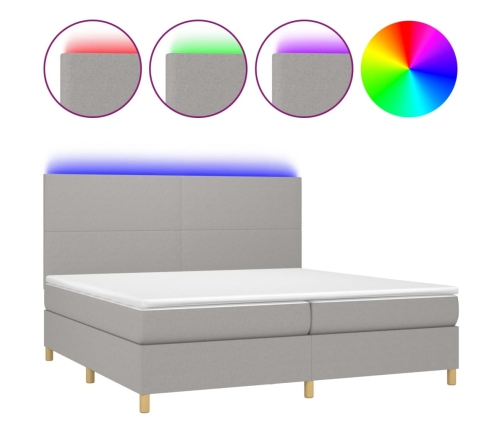 Cama box spring con colchón tela y LED gris claro 200x200 cm